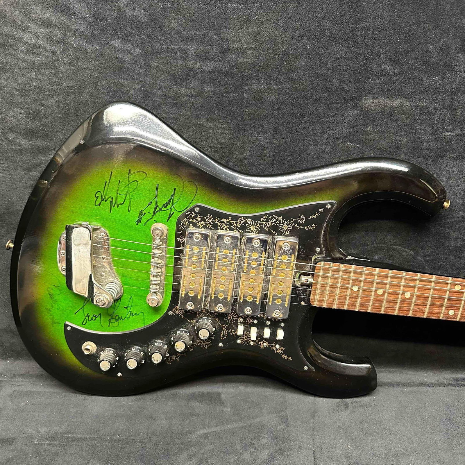 1960's Kimberly Apollo 4 Pickup Green Sunburst Guitar MIJ Signed Travis Tritt: 1960's made in Japan Kimberly Guitar signed by country music artist including Travis Tritt and other artist/band members. Other signatures unknown, unidentified. Guitar only. This item is in good