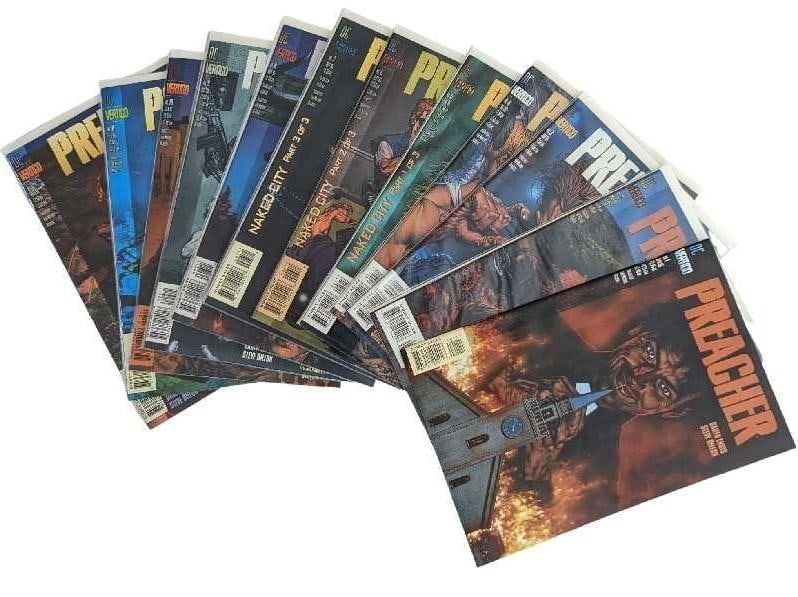 DC Vertigo Preacher Comics 1-12 Garth Ennis Steve Dillon: This lot includes the first twelve issues of Gath Enni's hit adult comic book series, "Preacher". Each issue is stored in a protective clear bag and backing board. There is some light wear