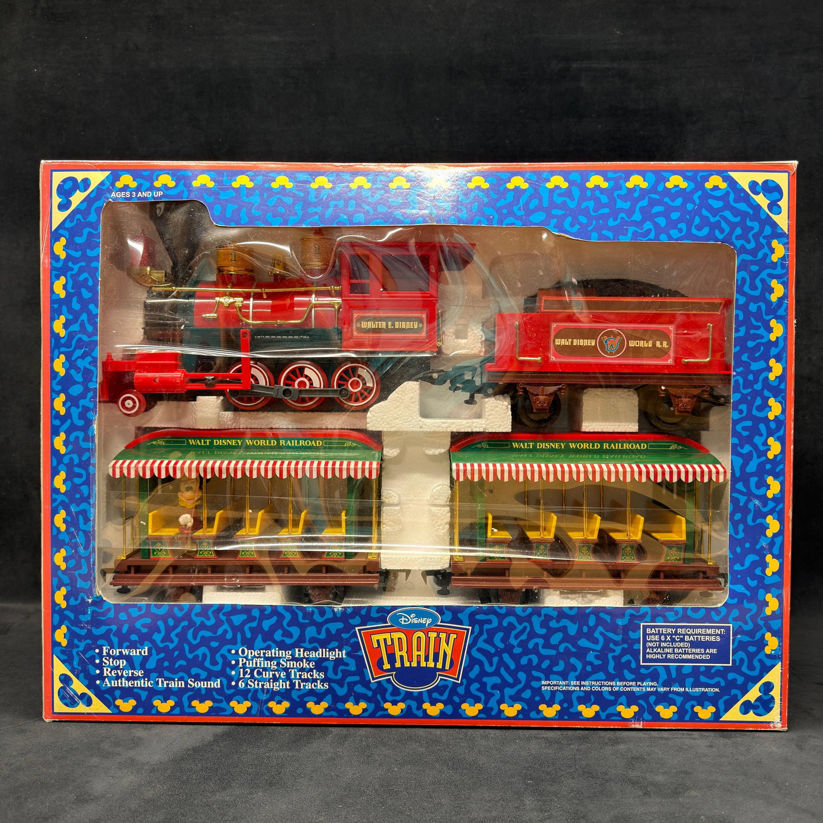 Walt Disney World Railroad Train Set No. 60080 Original Box: Disney Walt Disney World Railroad train set, No. 60080, featuring a locomotive with sound, smoke, and operating headlight, coal tender, two passenger cars, track, and Disney figures. Includes original