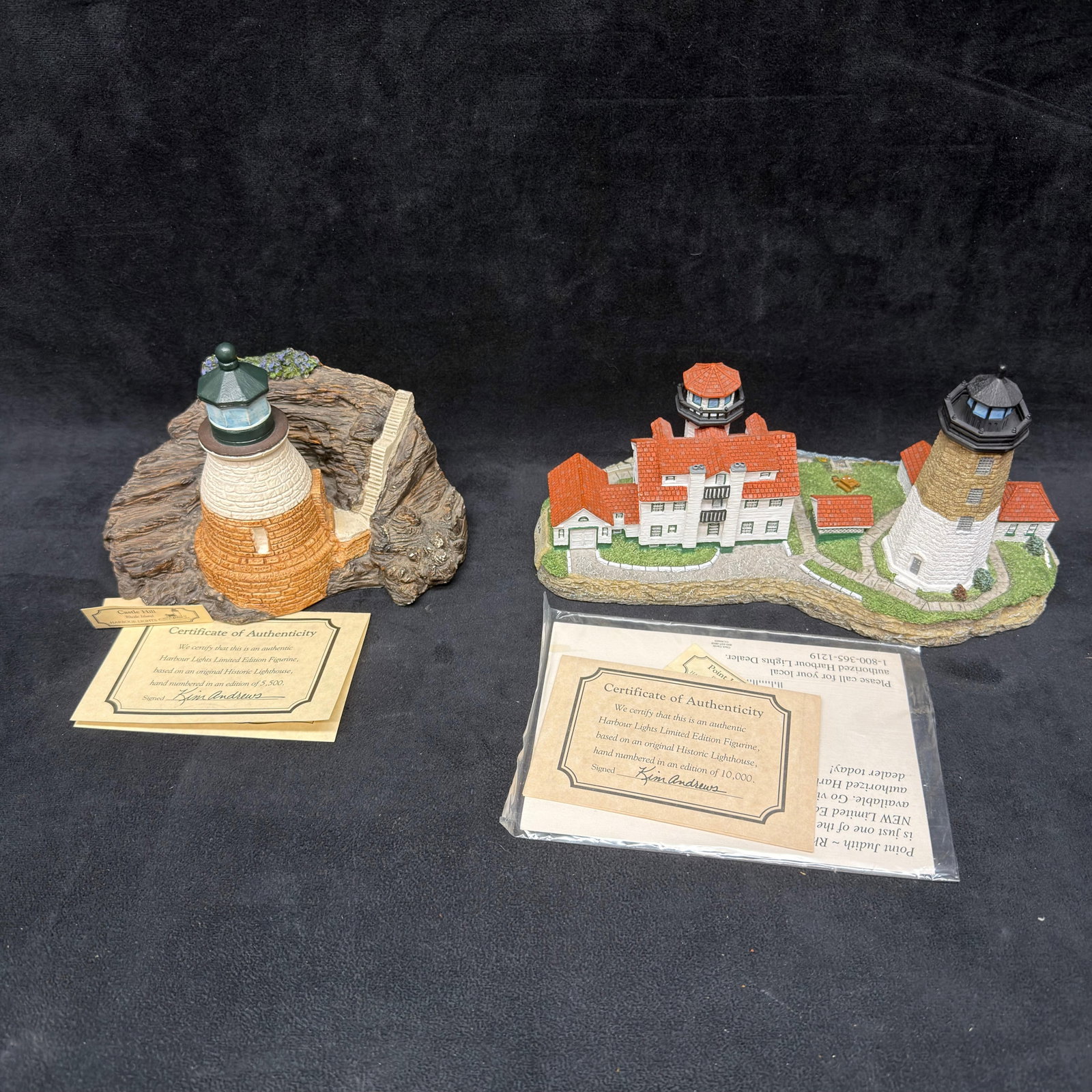 Point Judith and Castle Hill 2 Harbour Lights Rhode Island Lighthouse Figurines: Two Harbour Lights Rhode Island lighthouse figurines, including Castle Hill #116 (1991) and Point Judith #223 (1998). Pre-owned, like new, with original box; previously displayed, with light wear, min