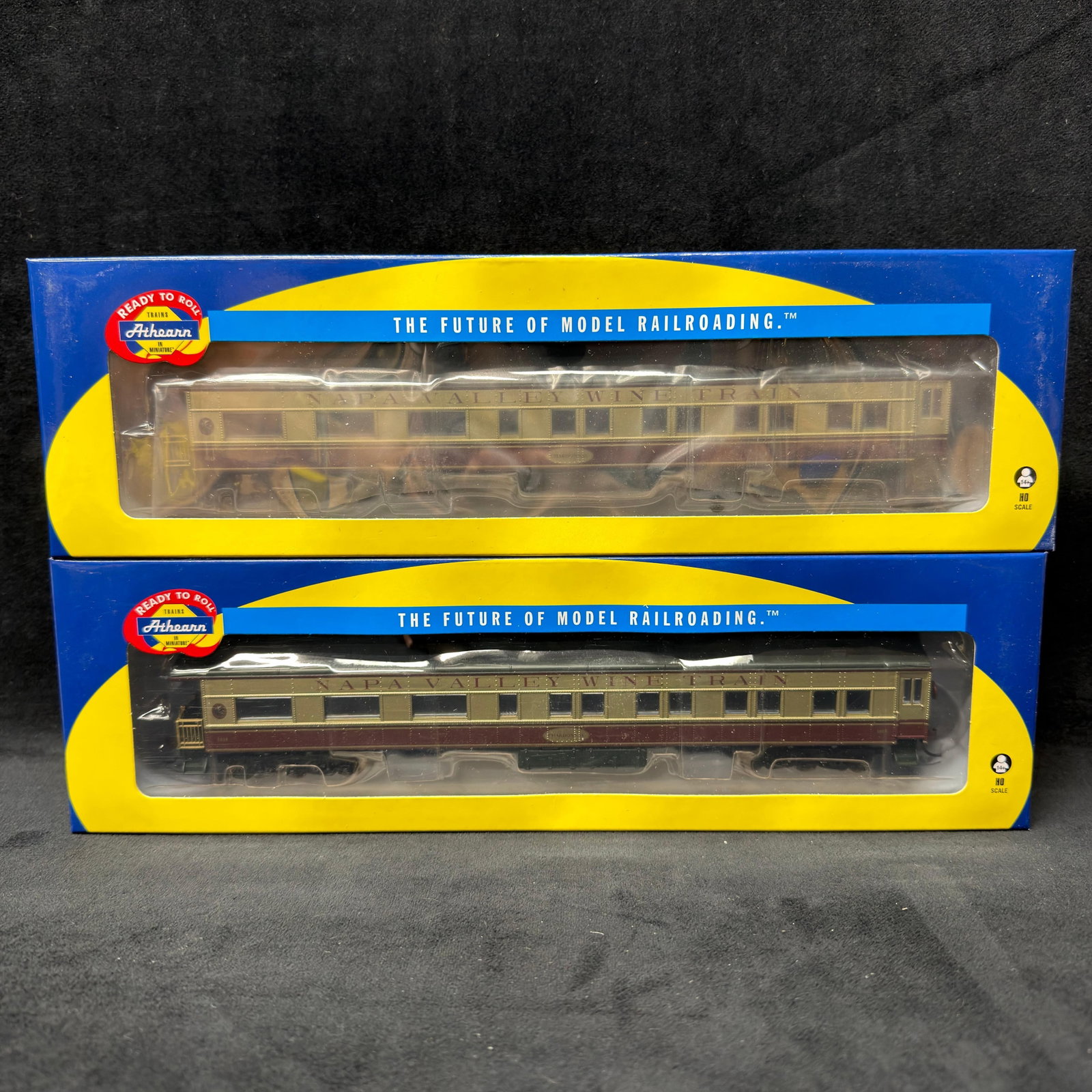 Pair of Athearn Napa Valley Wine Train Chardonnay HO Scale Observation Cars: Pair of Athearn Ready to Roll HO scale Napa Valley Wine Train heavyweight observation cars, each named “Chardonnay,” model ATH8505. Finished in gold and burgundy with detailed passenger ca
