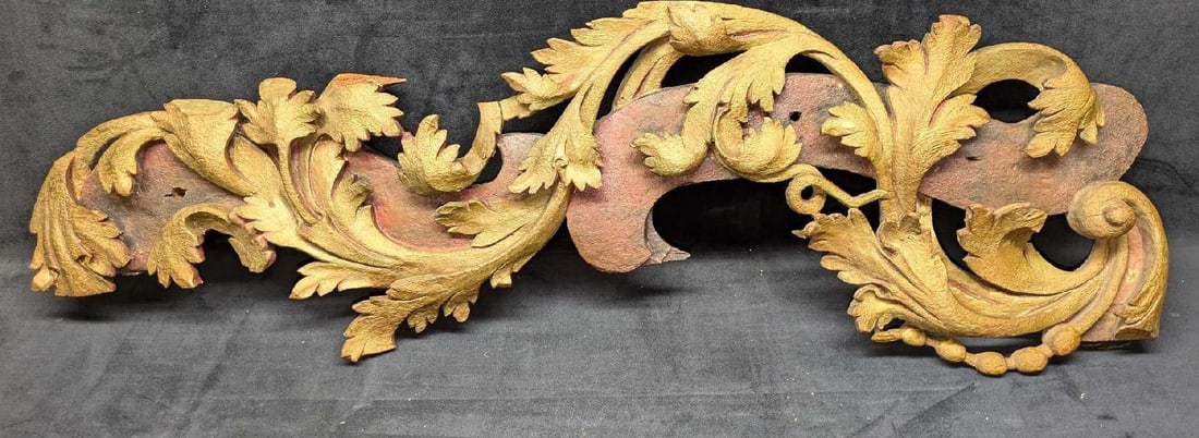 Antique Carved Wood Wall Decor: Antique Carved Wood Wall Decor. This is approx 36" x 3 1/8" x 9" and it weighs 4.50lbs. The wood has some cracks and part on the edge have broken off. This appears to have been repainted at one time.