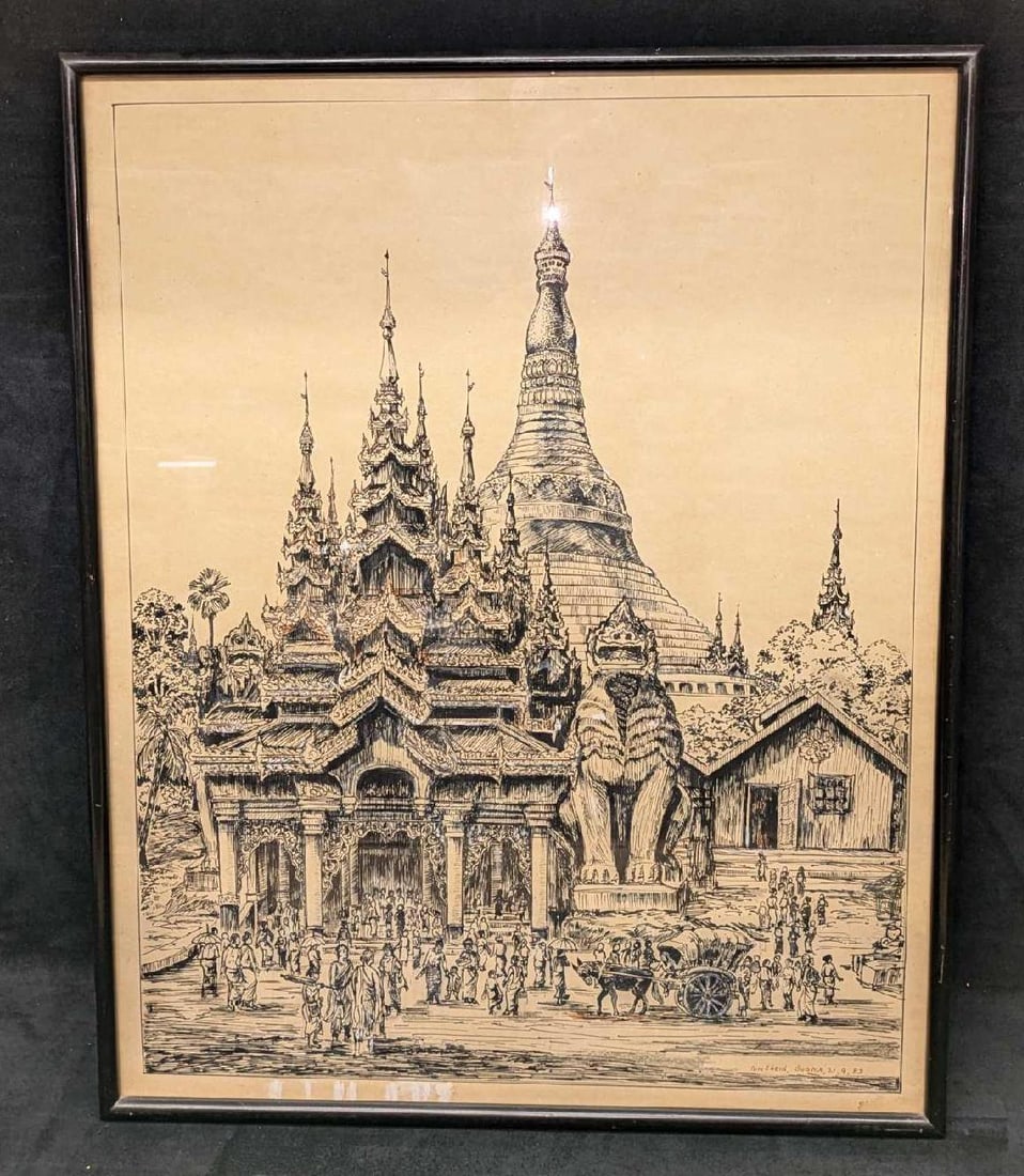 Vintage Tun Shein Black Marker Burmese Temple: Vintage Tun Shein Black Marker Burmese Temple. This is approx 20 3/4" x 5/8" x 25 3/4" and it weighs 6.40lbs. There appears to be white paint/liquid paper on the original sketch. The original was sign
