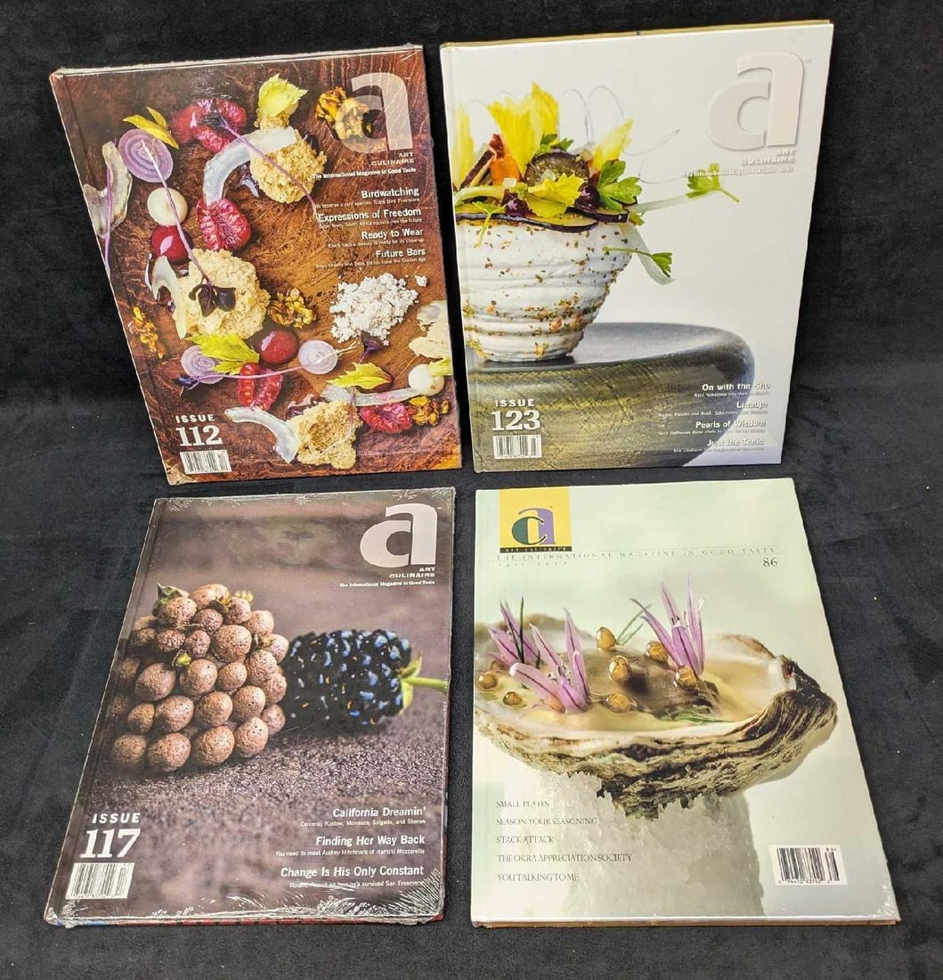 Sealed Art Culinaire Hardcover Magazines 86 112 117 123: Sealed Art Culinaire Hardcover Magazines 86 112 117 123 . This lot includes four sealed hardcover magazines. Each is approx 9 3/4" x 1/4" x 12 7/8" and the total weight is 7.80lbs. There is some wear 
