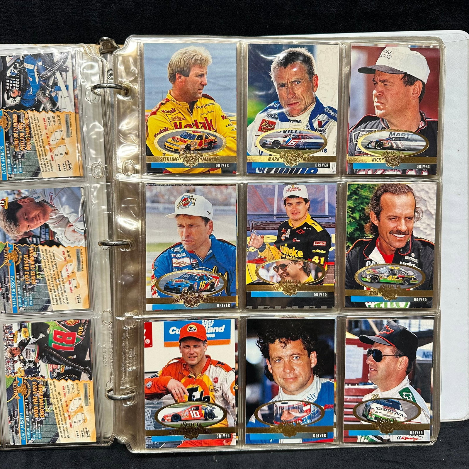 1990s Select Premier NASCAR Trading Card Collection in Binder 169 Sport Cards: Large collection of 1990's Wheels Select Premier NASCAR trading cards housed in a white three-ring binder with plastic sleeve pages. Includes drivers, race cars, owners, and insert subse