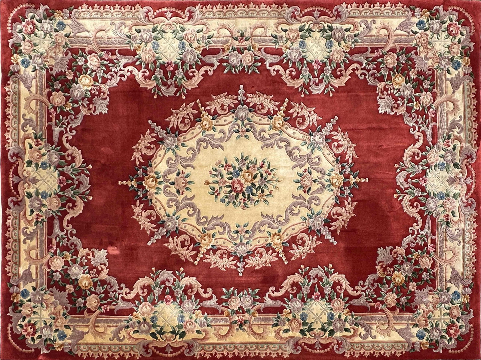 Classic Red Floral Medallion Area Rug 10 x 14 Aubusson Savonnerie Style R155: This classic area rug features a rich red field adorned with an intricate floral medallion design at it's center, surrounded by a complementary floral border in shades of beige, cream, and muted p