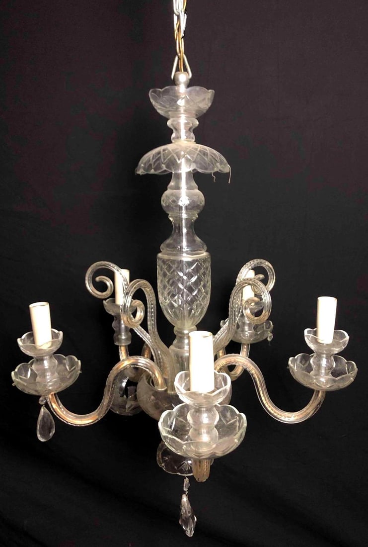 1940's Large 5 Arm Crystal Chandelier With Etched Body: This lot contains 1940's Large 5 Arm Crystal Chandelier With Etched Body. It is approx. 22 1/2" x 22 1/2" x 45" and it weighs about 50lbs. Overall the Chandelier is in good used condition with so