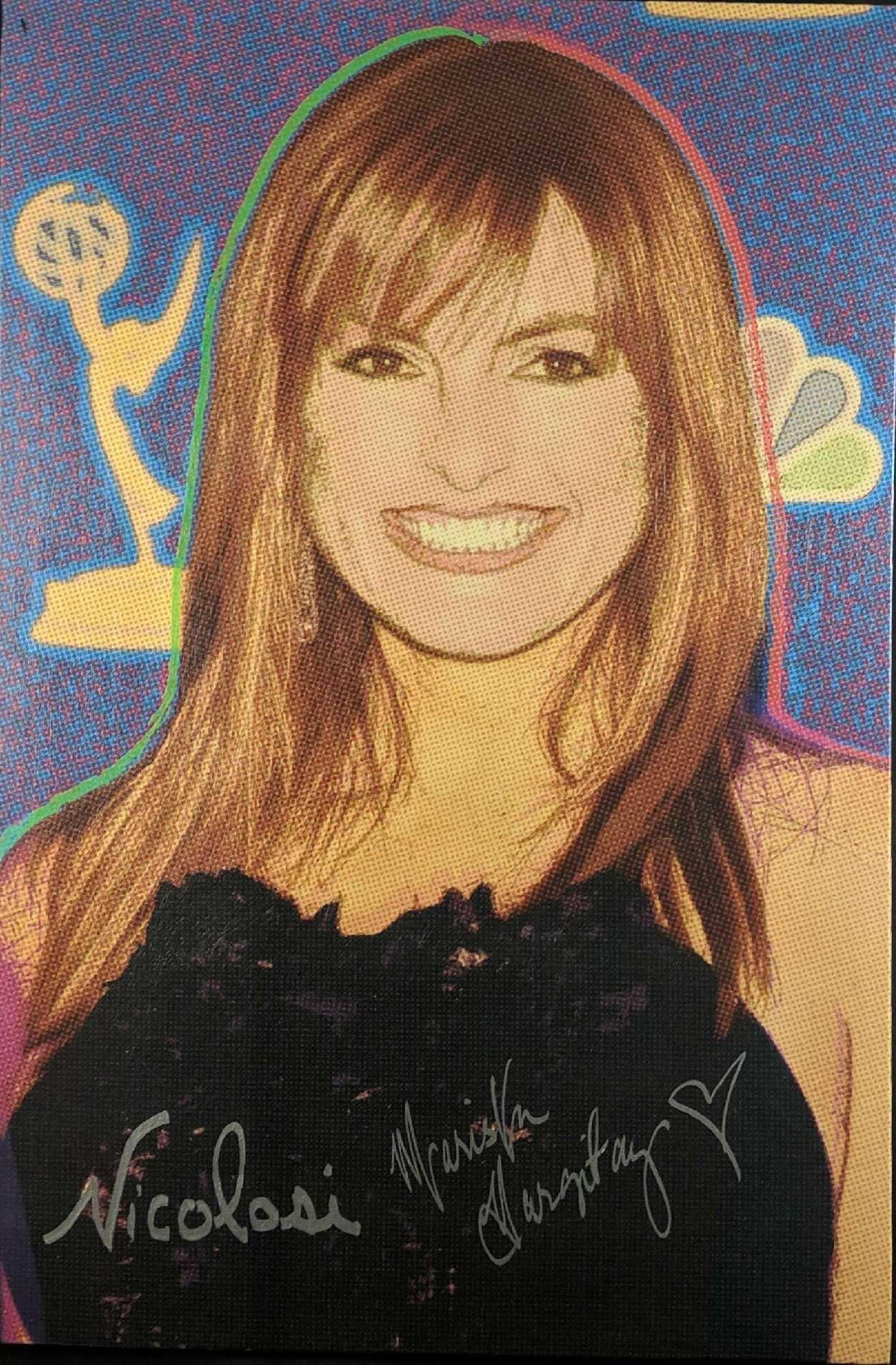 Celebrity Portrait Nicolosi Mariska Hargitay W3: Celebrity Portrait Of Mariska Hargitay by Nicolosi. Graphic print signed by both the artist and celebrity. The print has a hand-embellished clear-coat. Canvas is approx 24" x 1 1/2" x 36"