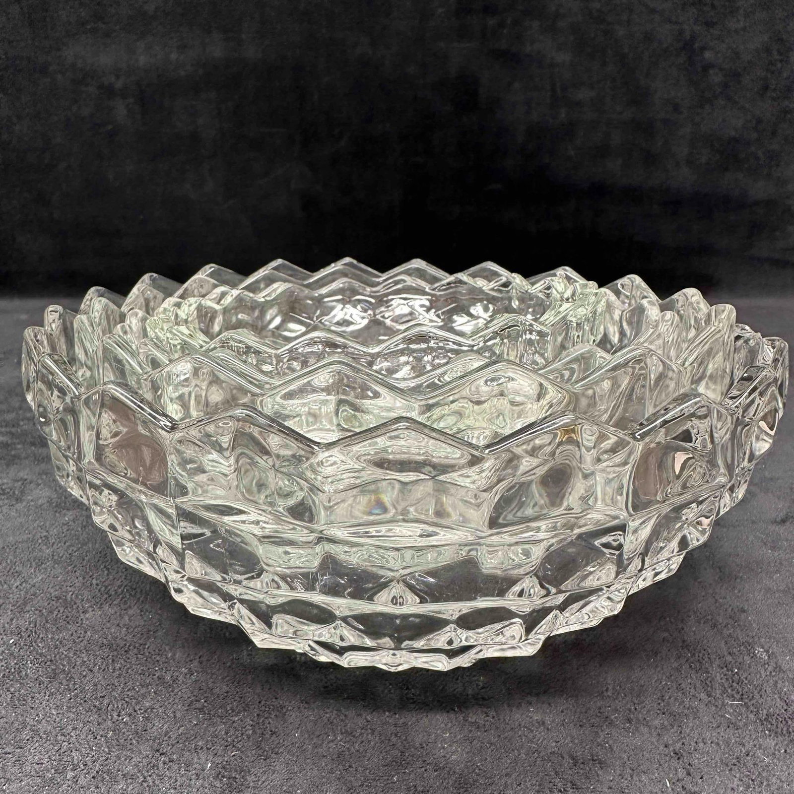 Fostoria American Clear Glass Cubist Cube Design Serving Bowl Set Four Bowls: A few noticeable scratches. No chips, cracks, or breaks in the glass. These items are in good pre-owned, previously displayed condition with light wear, and surface scratches. Please reference all