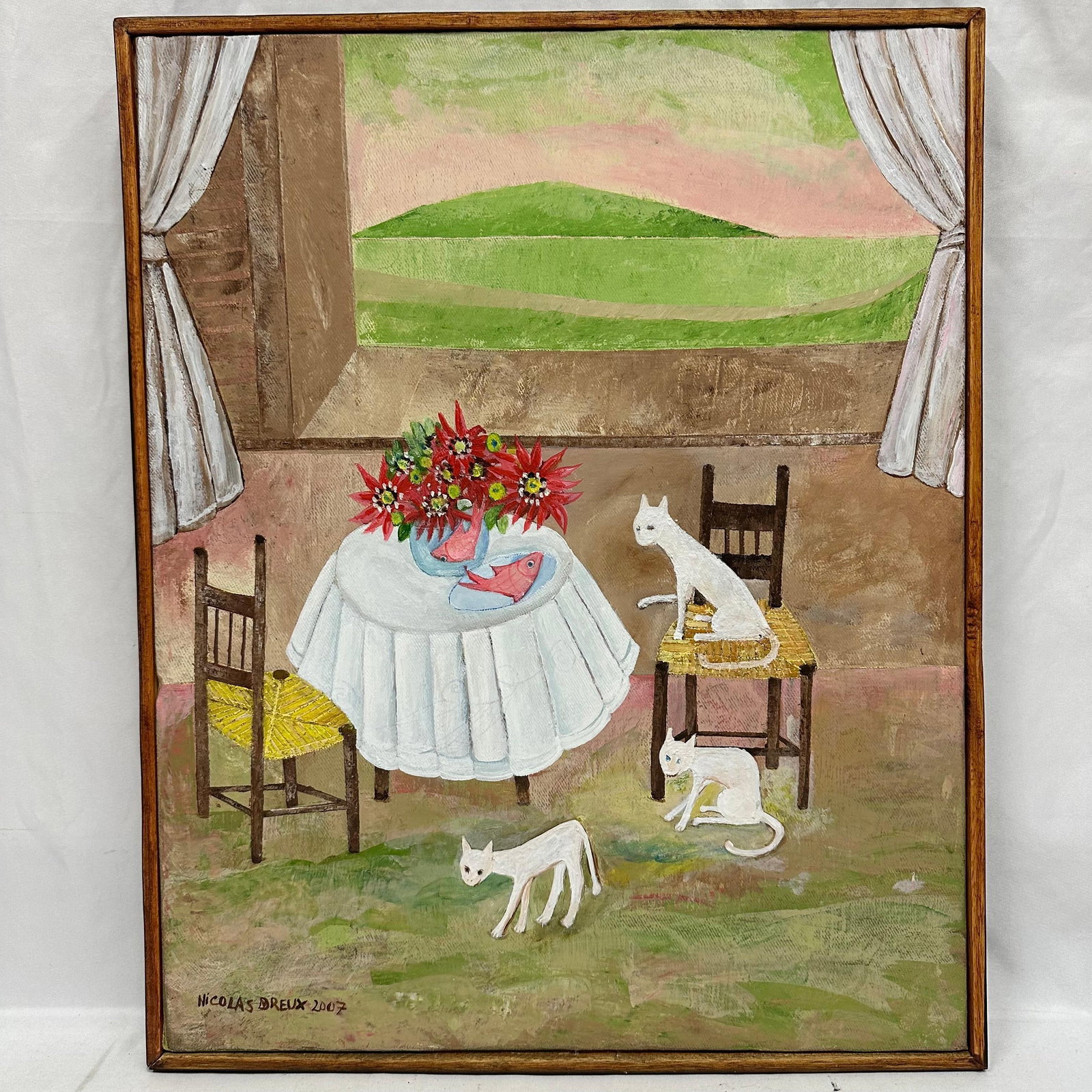 White Cats in The House Signed Nicolas Dreux Haitian Artist Original Artwork 2007: Original 2007 acrylic painting on canvas by Haitian artist Nicolas Dreux. The work depicts an interior scene with a table, flowers, fish, and four white cats, with a landscape visible through an open 