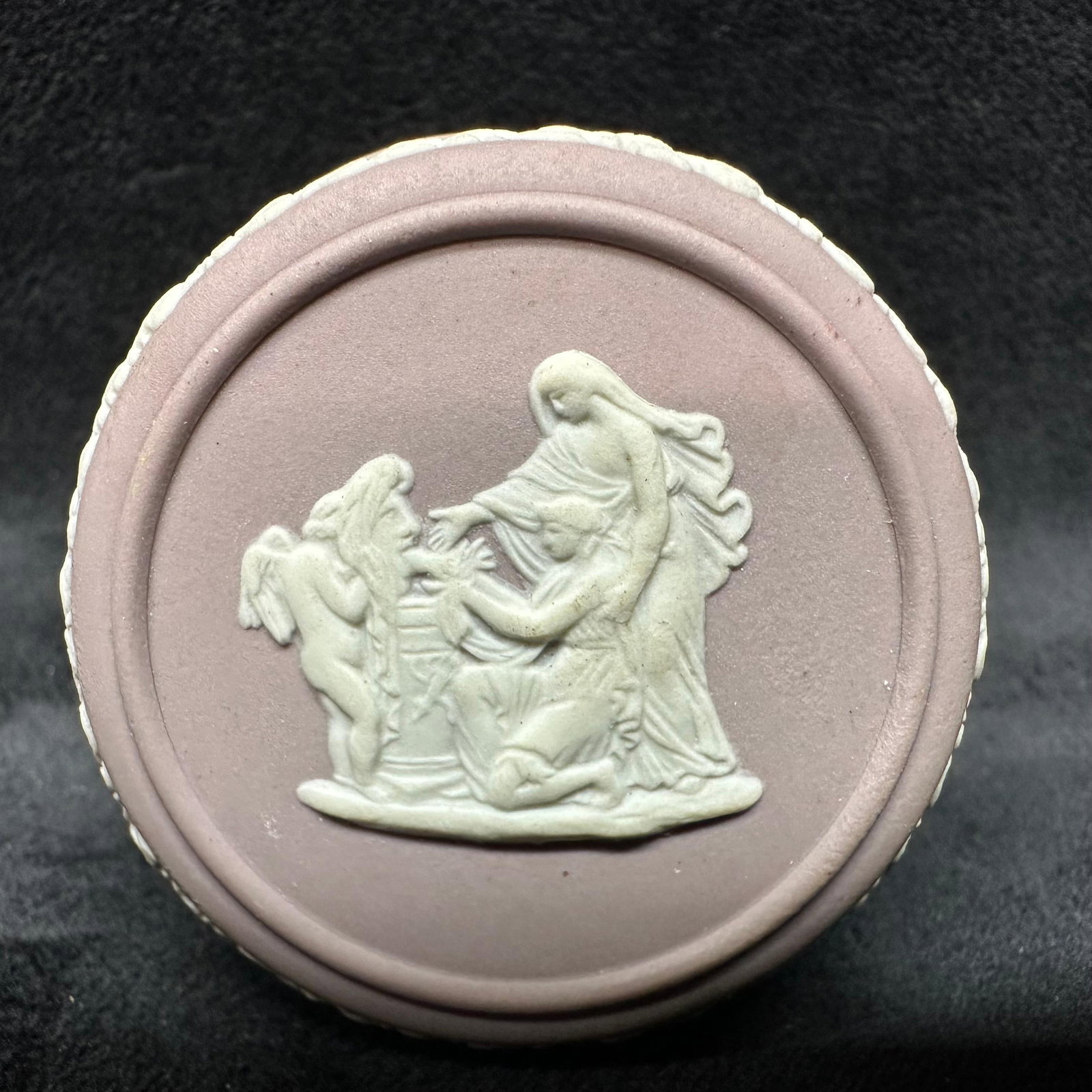 Lilac Purple Wedgwood Jasperware Small Round Trinket Pill Ring Box #2: A purple lilac colored small round trinket jewelry ring box, Wedgwood, and their Jasperware range. Engraved on the bottom is Made in England, Wedgwood. The piece is purple lilac and white in color and