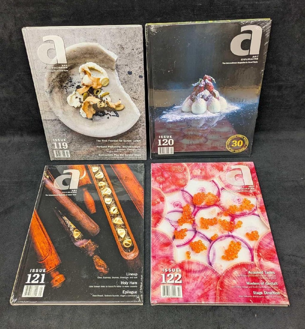 Sealed Art Culinaire Hardcover Magazines 119-122: Sealed Art Culinaire Hardcover Magazines 119-122. This lot includes four sealed hardcover magazines. Each is approx 9 3/4" x 1/4" x 12 7/8" and the total weight is 8.10lbs. There is some wear on the w