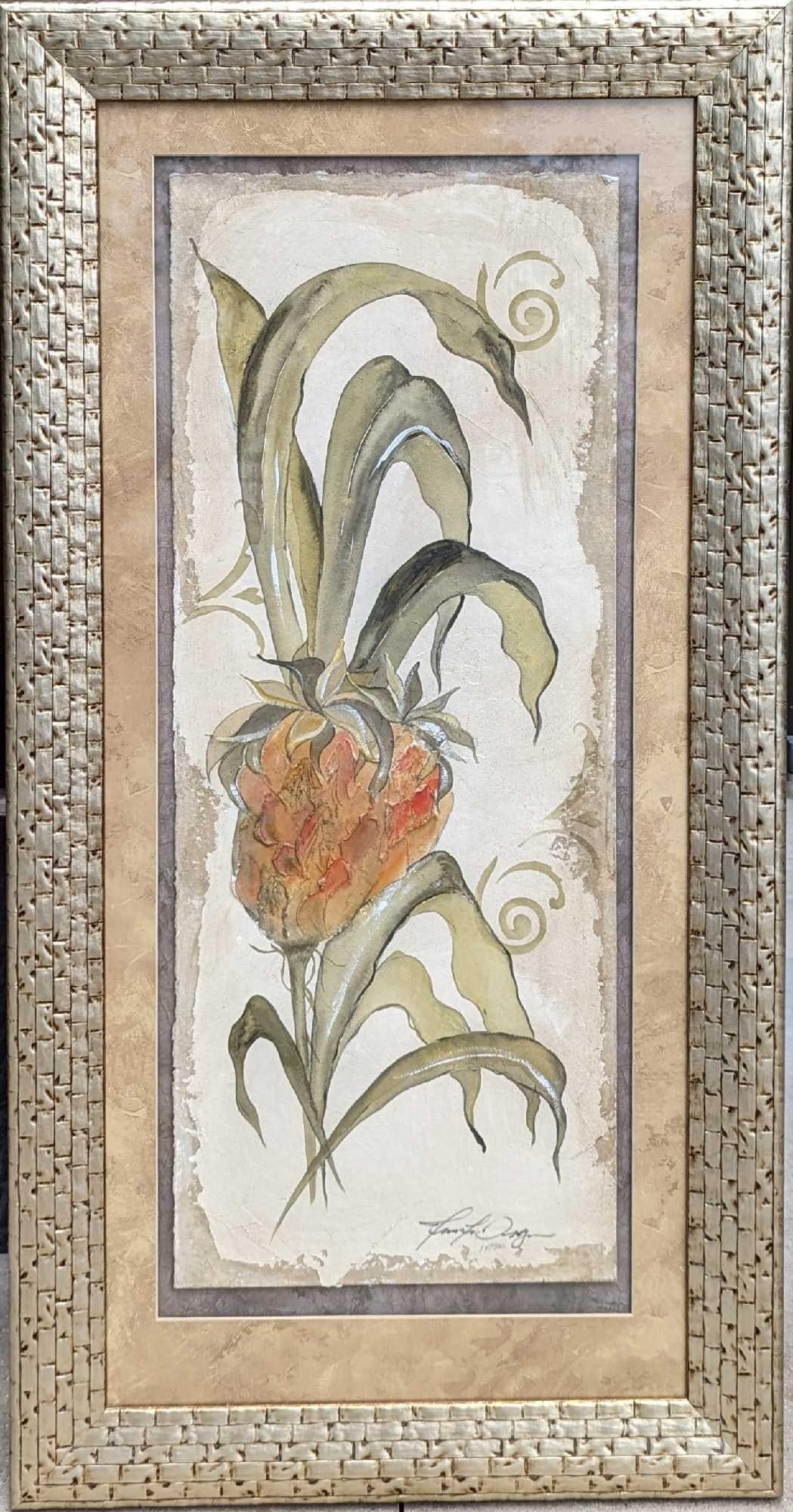 Framed Jennifer Dreznin Tropics Mixed Media: Framed Jennifer Dreznin Tropics Mixed Media. This framed textured pastel on panel is approx 26" x 1 1/4" x 50" and it weighs 18 lbs. The original is approx 14 1/2" x 36" and is signed by th