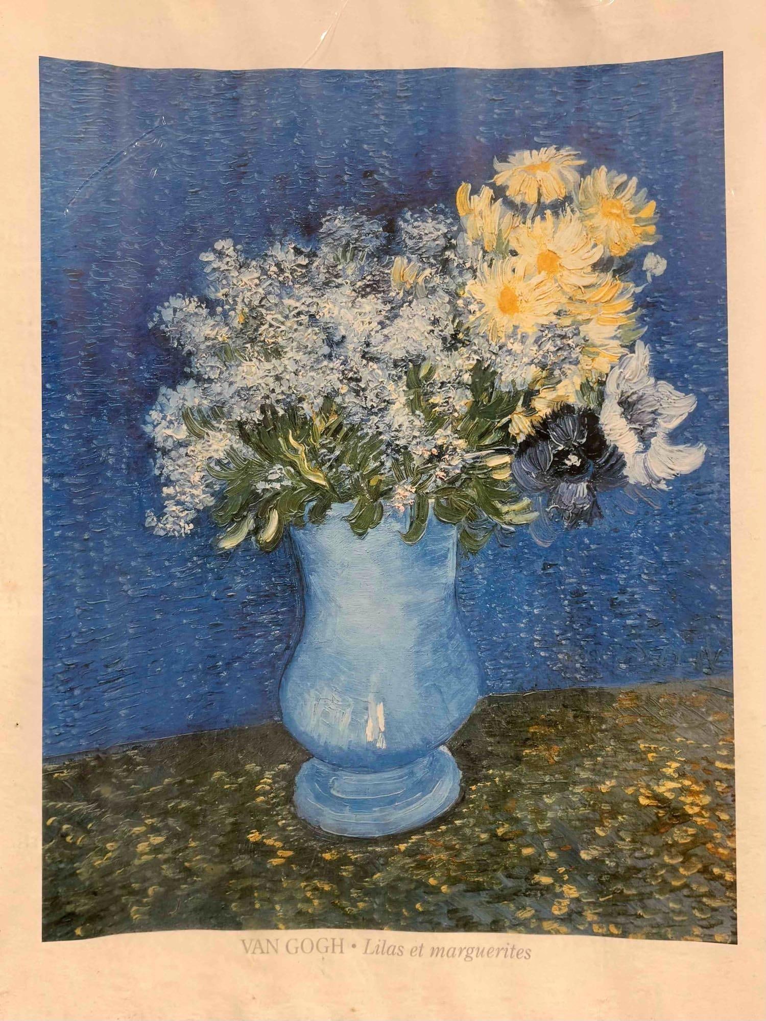 Modern Manufacturers Print of Lilas et Marguerites aka Liliacs and Daisies by Vincent Van Gogh: Printed by Dodo Graphic INC in Canada, this lot contains a modern manufactured copy of Lilas et Marguerites (Liliacs and Daisies); the impressionist painting originally created by Vincent Van Gogh. Th