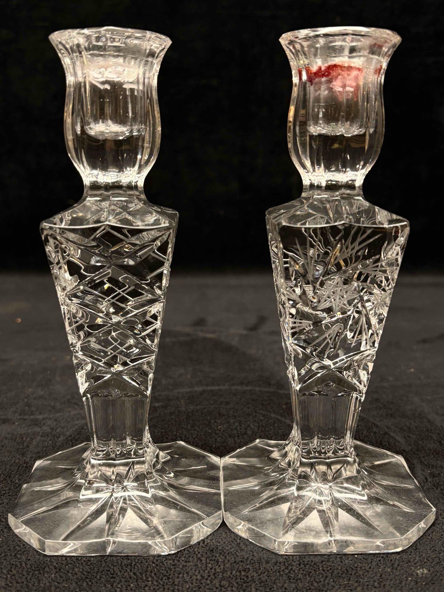 2pc Vintage Crystal Ceska Taper Handle Candlestick Holder: This pair of Crystal Ceska Candlestick Holders stand in great conditions with the exception of melted candle wax that has settled within it. Please review images provided for further context of its