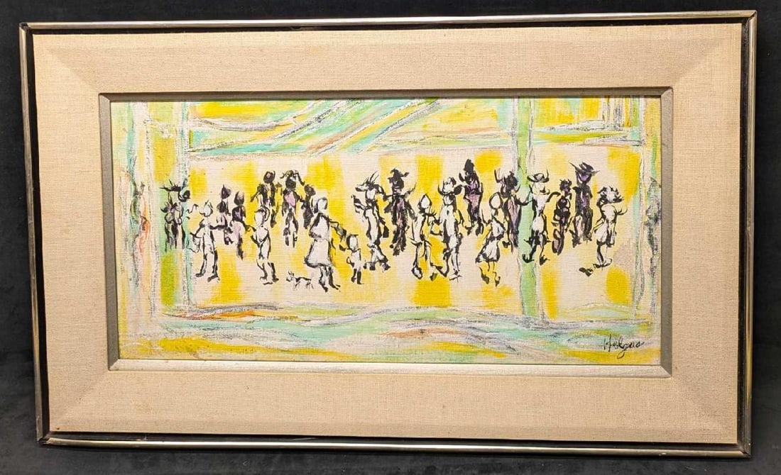 Helen Merkle Helgus Original Abstract People Acrylic R68: Helen Merkle Helgus Original Abstract People Acrylic R68.The framed original is approx 30 3/8" x 1 1/2" x 17 1/2" and it weighs 4.80lbs. There are markings on the bottom right of the matting and