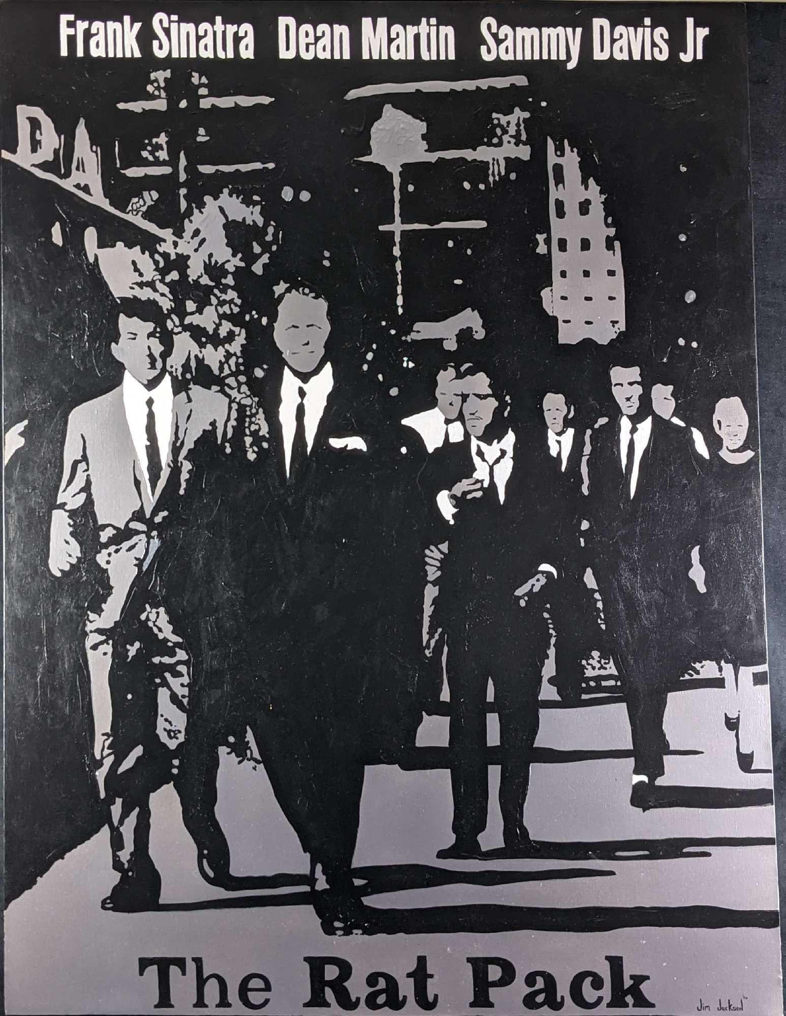 Acrylic On Canvas Jim Jackson Rat Pack Oceans 11: Original Acrylic On Canvas Based Off The Original Oceans 11 Movie Poster. Was originally painted by Orlando native Jim Jackson in 2009. This original is approx 36" x 1 1/2" x 48" and it weighs 4.50lbs