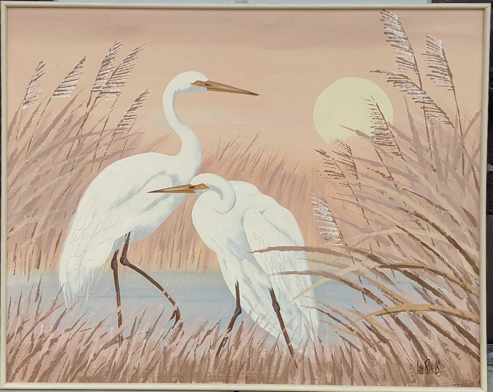 Acrylic On Canvas Of White Egrets Signed Lee Reynolds: Acrylic On Canvas Of White Egrets Signed Lee Reynolds. Is approx 61" x 1 1/2" x 49 1/2" and it weighs 9lbs. The canvas itself is approx 57" x 47 1/2". The framed original is in a good, used condition 