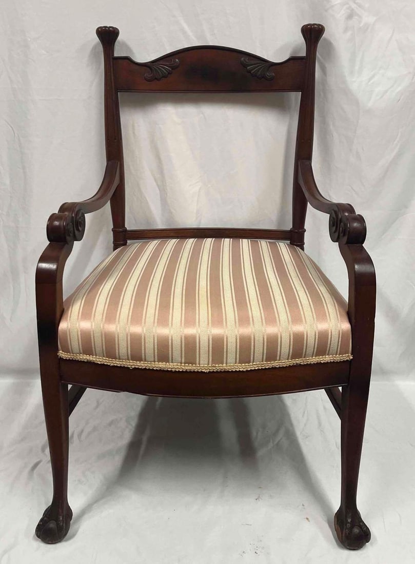 Wood Arm Chair With Claw Feet & Original Upholstery: This lot contains a Wood Arm Chair With Claw Feet & Original Upholstery. It is approx 22" x 22" x 37". Total weight is approx 13.5lbs. Overall the Arm Chair is in good used condition with some li