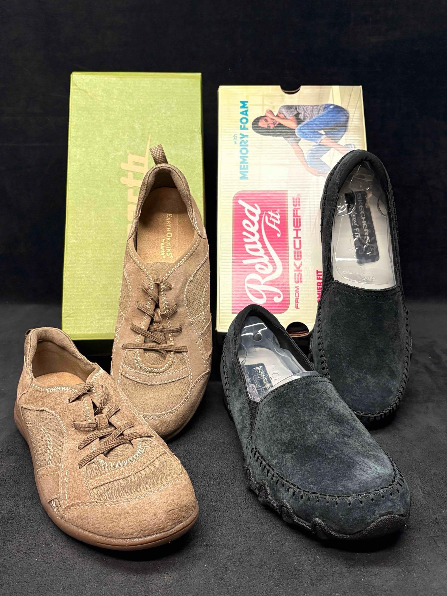 Sketchers Suede Slip On and Earth Origins Lace Ups Comfort Shoe Bundle: Sitting in brand-new to like-new conditions, this bundle consists of orthopedic, comfort-focused Women's shoes. Still in their original boxes, both shoes are in good shape with no visible/noticeab