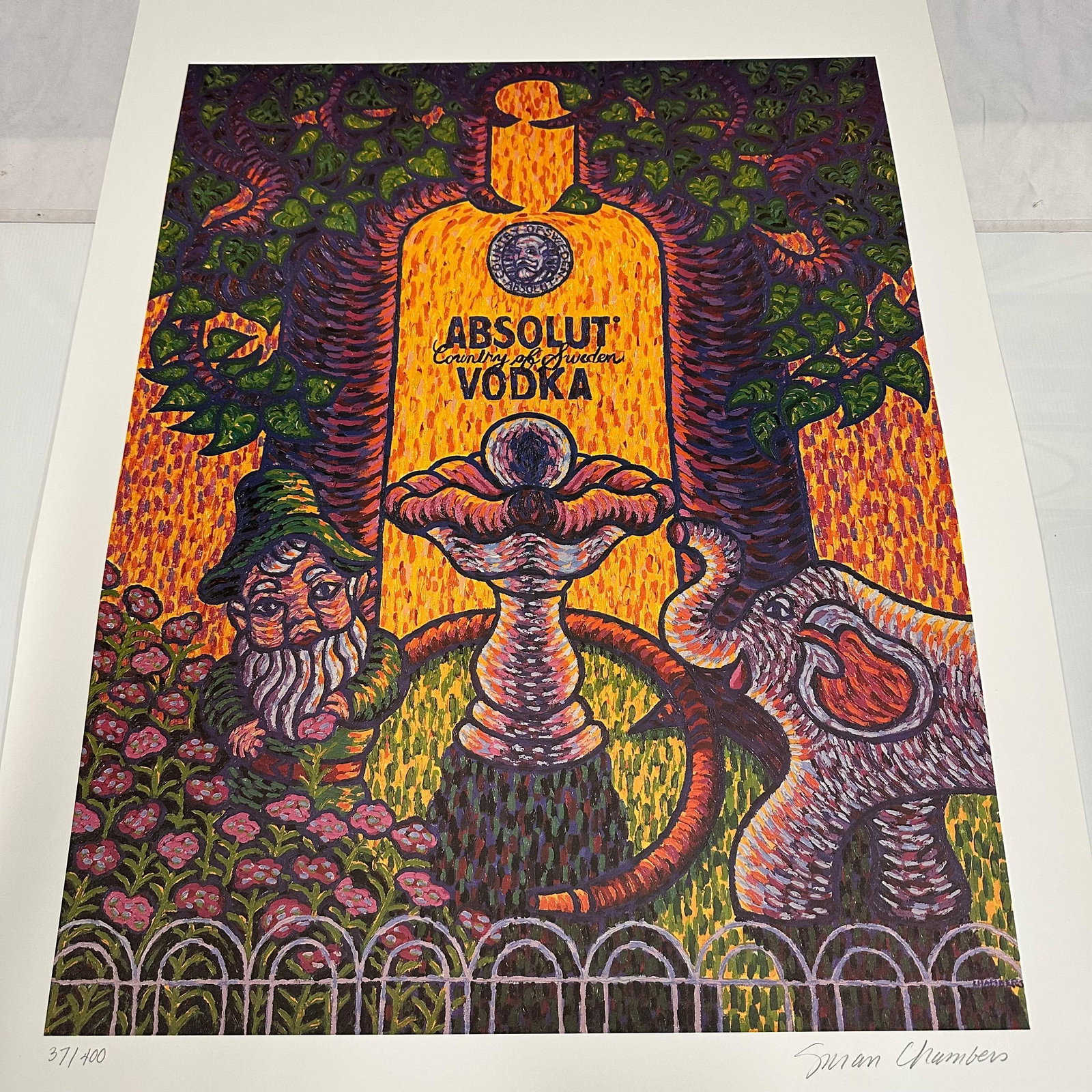 Absolut Vodka Statehood Print Arkansas Susan Chambers Signed Numbered 37/400: Limited edition Absolut Vodka “Statehood” lithograph print on paper. Features the iconic Absolut bottle incorporated into a stylized Arkansas-themed landscape composition. Hand-signed by t
