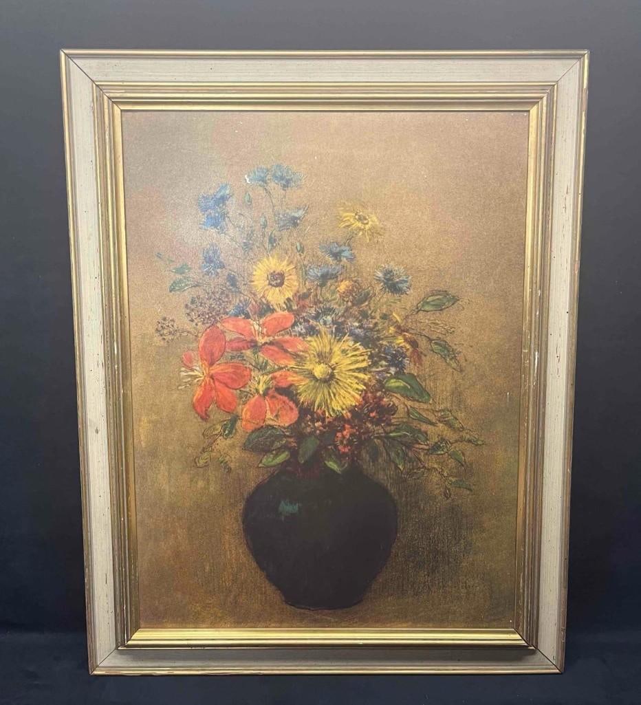 Framed Print On Wood Board Of Odilon Redon's Wildflowers: This lot contains a Framed Print On Wood Board Of Odilon Redon's (April 20, 1840 - July 6, 1916) Wildflowers. The original artwork is located at the National Gallery Of Art in Washington