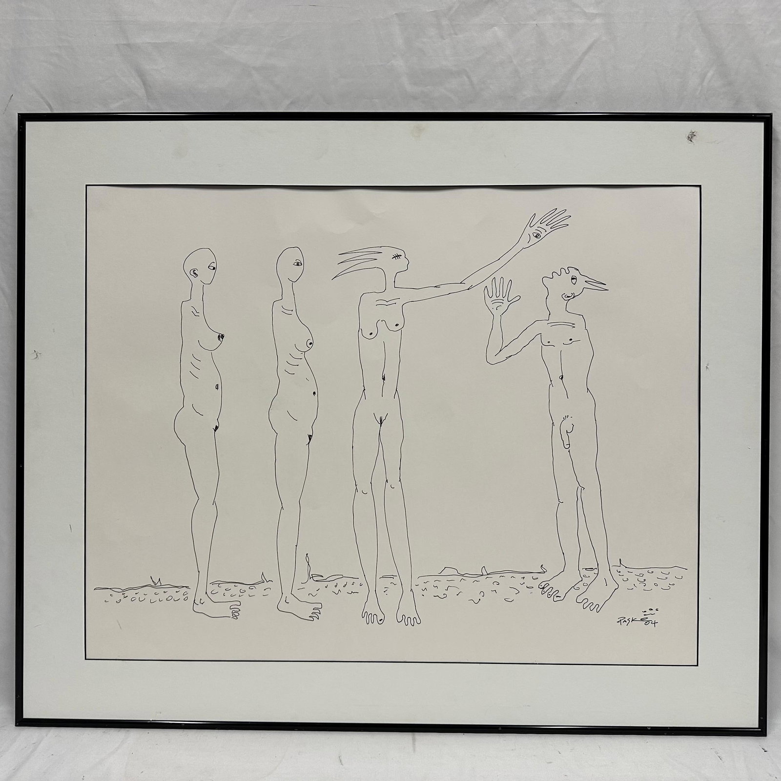 Framed Minimalist Surreal Nude Line Figures Drawing Signed Pask: Medium surrealist ink drawing on paper depicting four abstract nude figures with exaggerated features and symbolic hand-eye motifs. Signed Pask ’04 in the lower right. Presented in a black