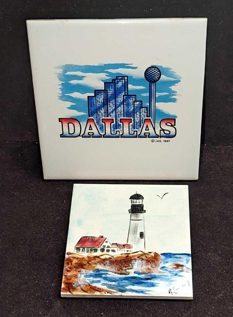 Dallas & Hand Painted Lighthouse Ceramic Tiles: Dallas & Hand Painted Lighthouse Ceramic Tiles. This lot includes: (1) Small Hand Painted Lighthouse Tile. This is approx 4 1/4" x 1/4" x 4 1/4". Is signed by the artist on the bottom