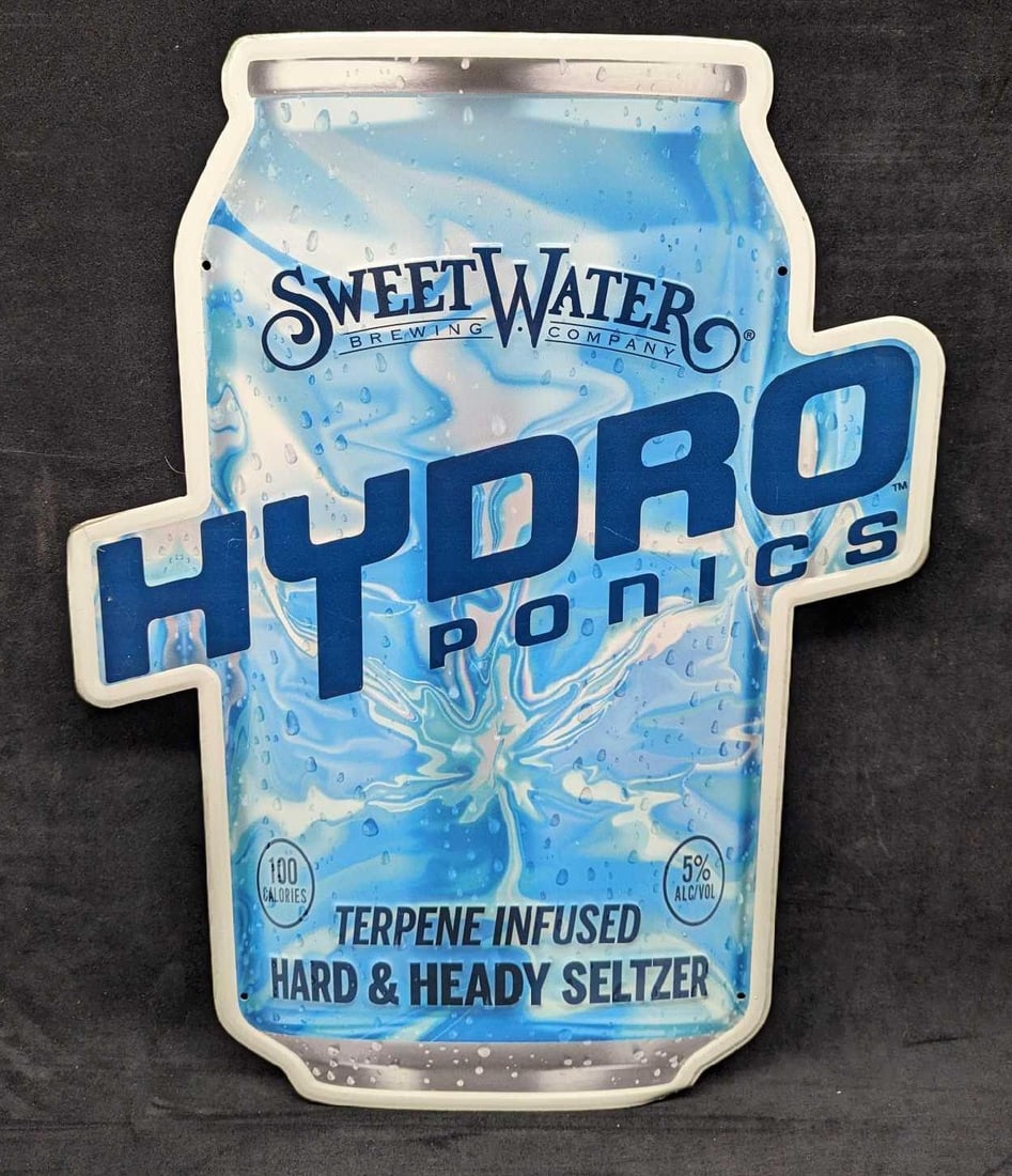 Sweet Water Hydroponics Seltzer Metal Sign: Sweet Water Hydroponics Seltzer Metal Sign. This is approx 18" x 23 1/2" and it weighs 0.70lb. The sign has some scratches and some of the covering is coming off.