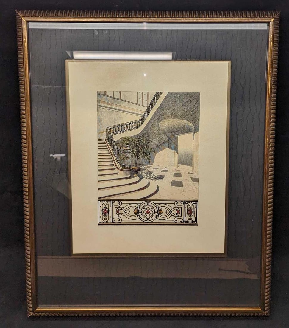 Framed Art Nouveau Style Architecture Staircase Print: Framed Art Nouveau Style Architecture Staircase Print. By Decorative Arts. The backing was also signed by the "employee". The framed print is approx 26" x 3" x 32" and it weighs 13.70 lbs. The