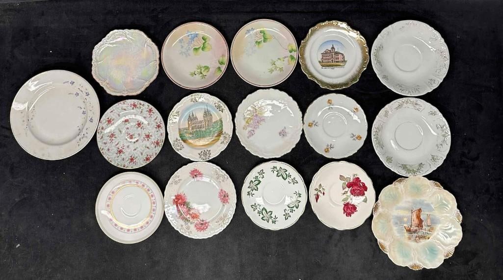 Vintage Decorative Plate Collection Set Sixteen Small Plates: Some plates are hand painted. Several plates showcase makers mark on the bottom of the plate. Minor staining and marks throughout each plate due to storage and age. These items are in good pre-owned, 