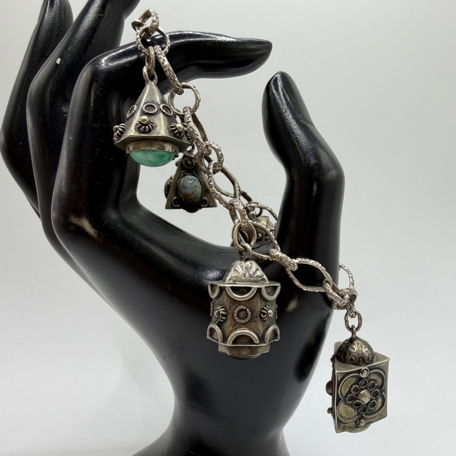 800 Silver Five Ornate Fob Charm Bracelet ER51 Chain Link Silverwork: This item is in pre-owned, previously used/displayed condition with noticeable light wear and surface scratches. Please reference all photos for full details. This piece of jewelry has been carefully 