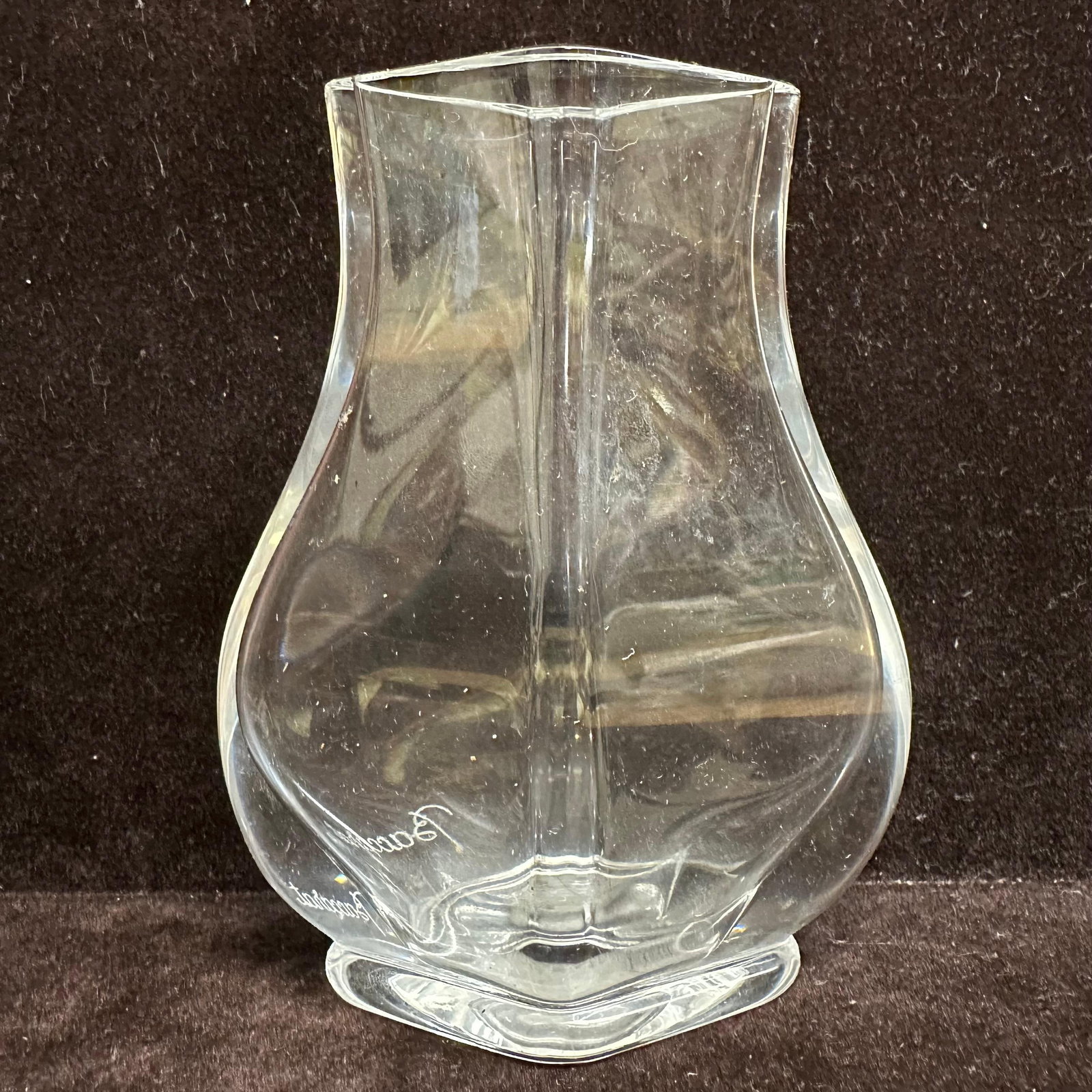 Baccarat France Signed Crystal Vase Faceted Bulb Form Lotus Style: Clear crystal vase by Baccarat, France. Features a sculptural bulb form body with vertical faceted panels and a square-shaped flared rim. Often referred to as the Lotus style. Thick weighted base