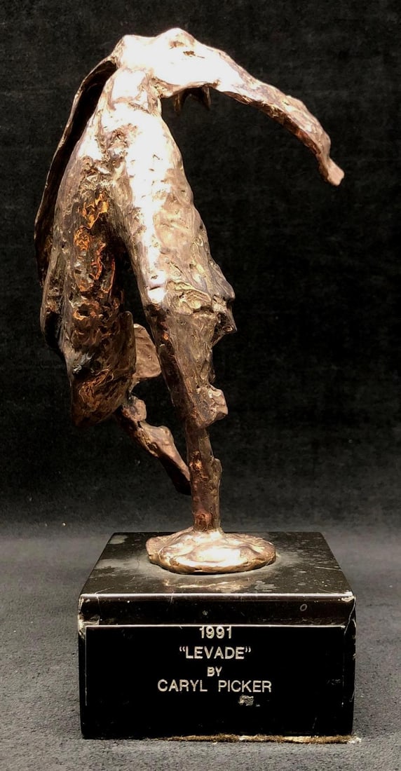 Vintage Brutalist Recycled Metal Sculpture "Levade" on Marble Base - by Artist Caryl Picker: Vintage Brutalist Recycled Metal Sculpture "Levade" on Marble Base by Artist Caryl Picker - 1991. The item measures approximately 10" x 6" x 6-1/2" and weighs about 5.3lbs. Overall the Sculpture 