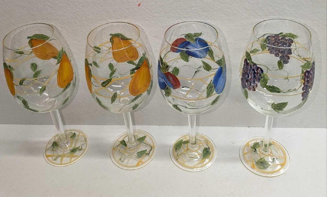 4 Hand Painted Wine Glasses With Fruit Designs - 6