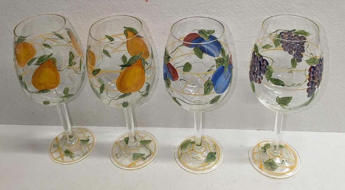 4 Hand Painted Wine Glasses With Fruit Designs - 7