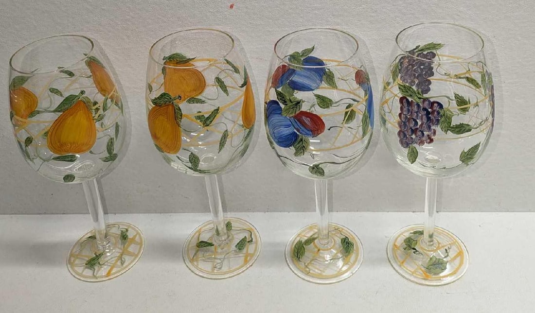 4 Hand Painted Wine Glasses With Fruit Designs - 8