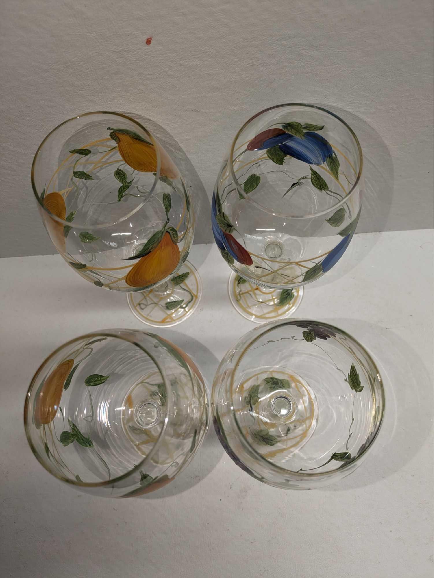 4 Hand Painted Wine Glasses With Fruit Designs - 9
