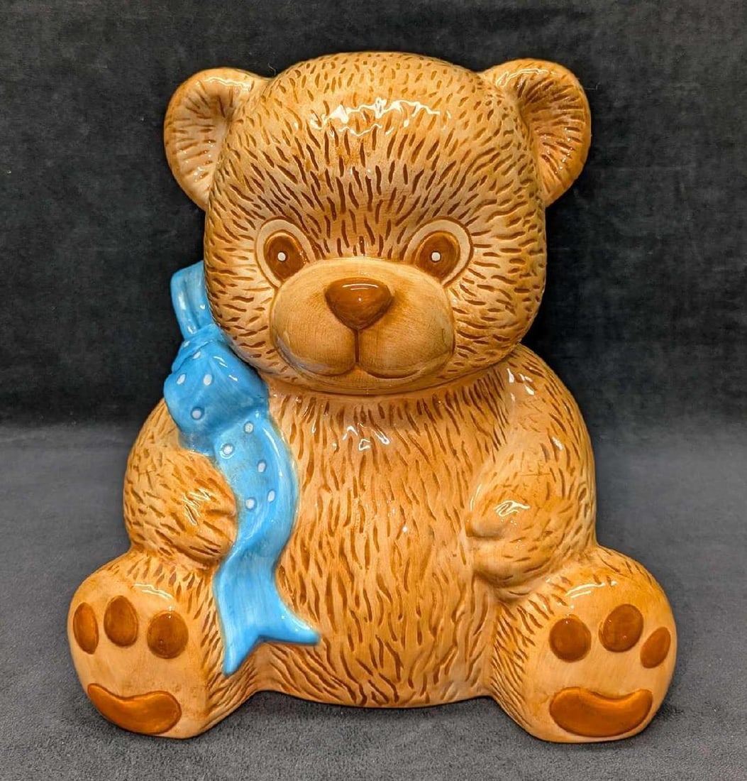 Vintage Country Bear Brand Ceramic Bear Cookie Car: Vintage Country Bear Brand Ceramic Bear Cookie Car. Wears a blue and white polka dot ribbon. The body is approx 9 3/4" x 7 1/2" x 7". The top/head is approx 7 1/2" x 6 1/4" x 5 5/8". The total weight 
