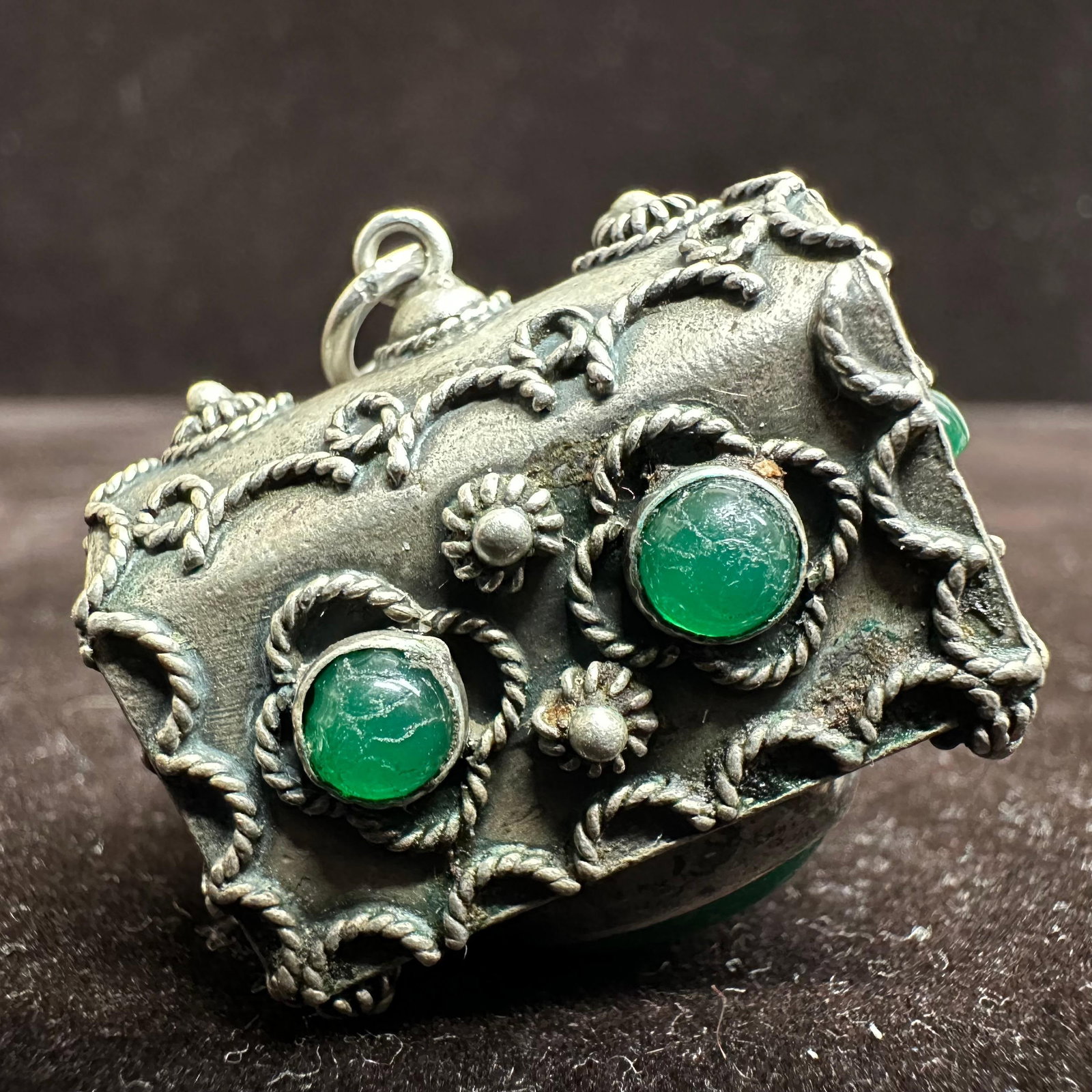 Green Cabochon Stones Antique Revival Style Fob Charm Silver: This item is in good pre-owned, previously used/displayed condition with noticeable light wear and surface scratches. Please reference all photos for full details. This piece of jewelry has been teste