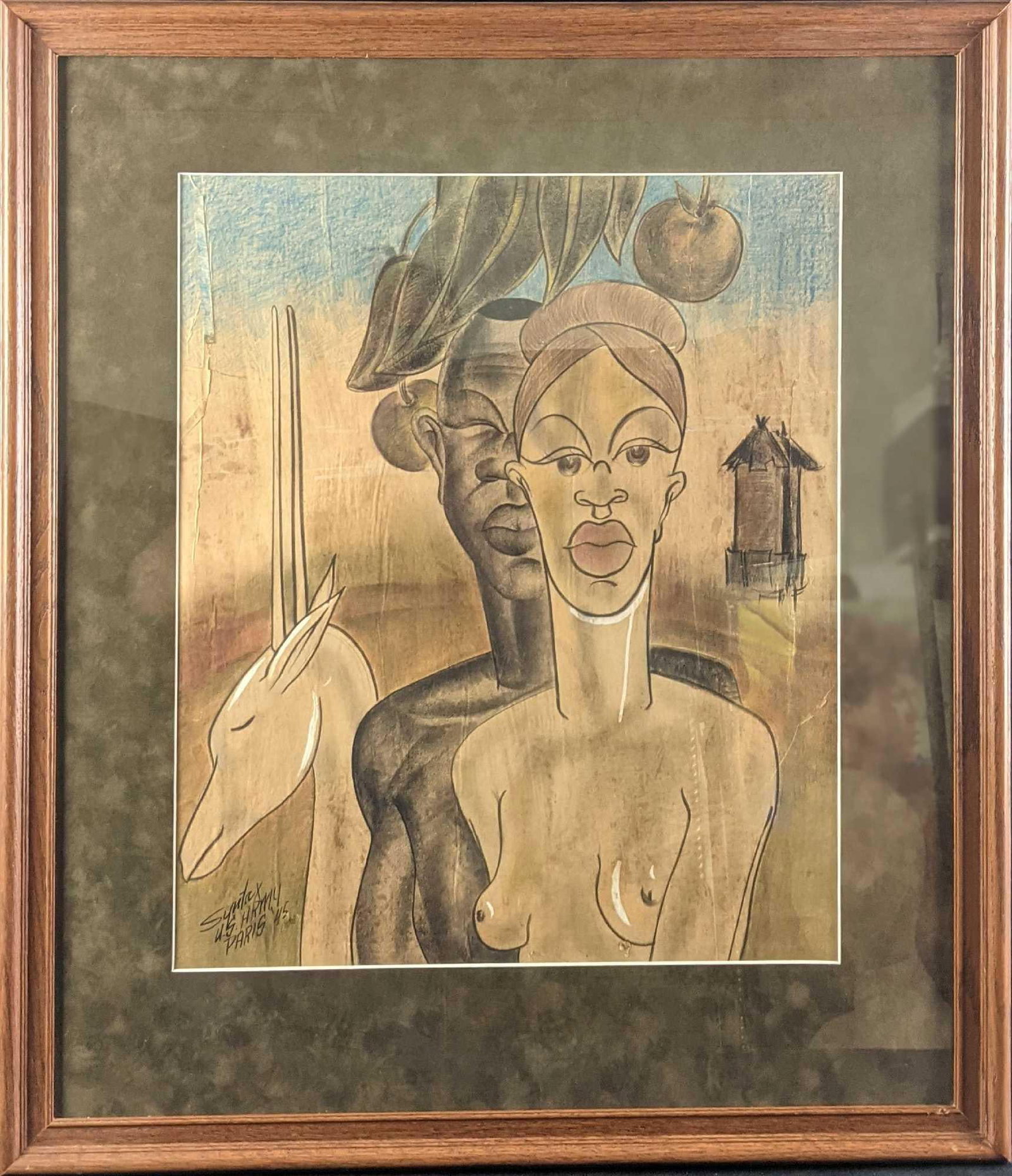 Vintage Mixed Media Nude Tribal Couple US Army: Here is a mixed media (appears to be pastels and charcoal) of a tribal man & woman. The painting is signed with "Syntax US Army Paris 1945". It also appears to be painted on hand-made or reused paper.