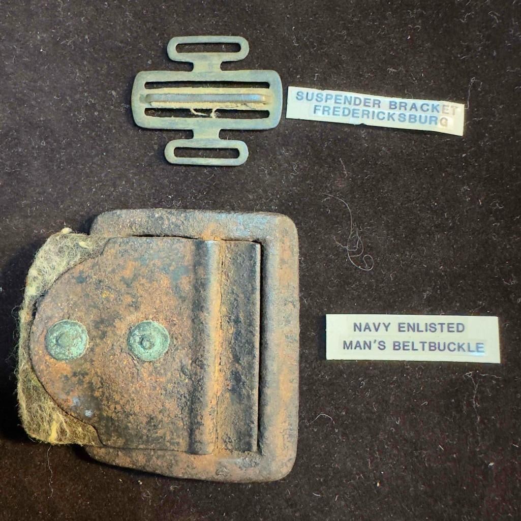 Civil War Relic Suspender Bracket and Navy Enlisted Men's Belt Buckle Set: These pieces of Militaria have been researched to the best of our ability prior to listing. Please reference all our photos as they are part of our description. Civil War Relic Suspender Bracket and