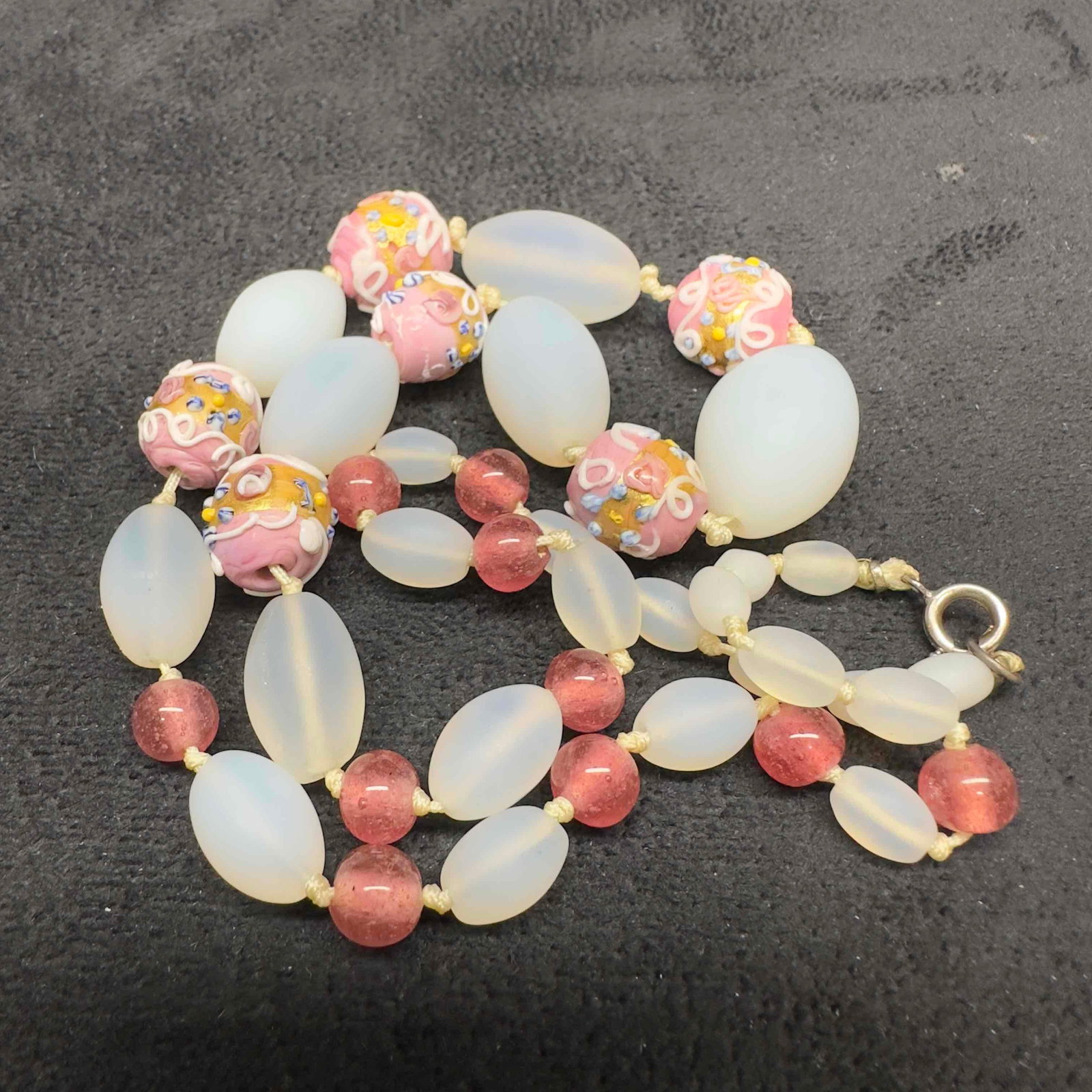 Venetian Murano Glass Lamp Work Bead Clear Frosted and Pink Colored Beaded Necklace B38 (1 of 8)