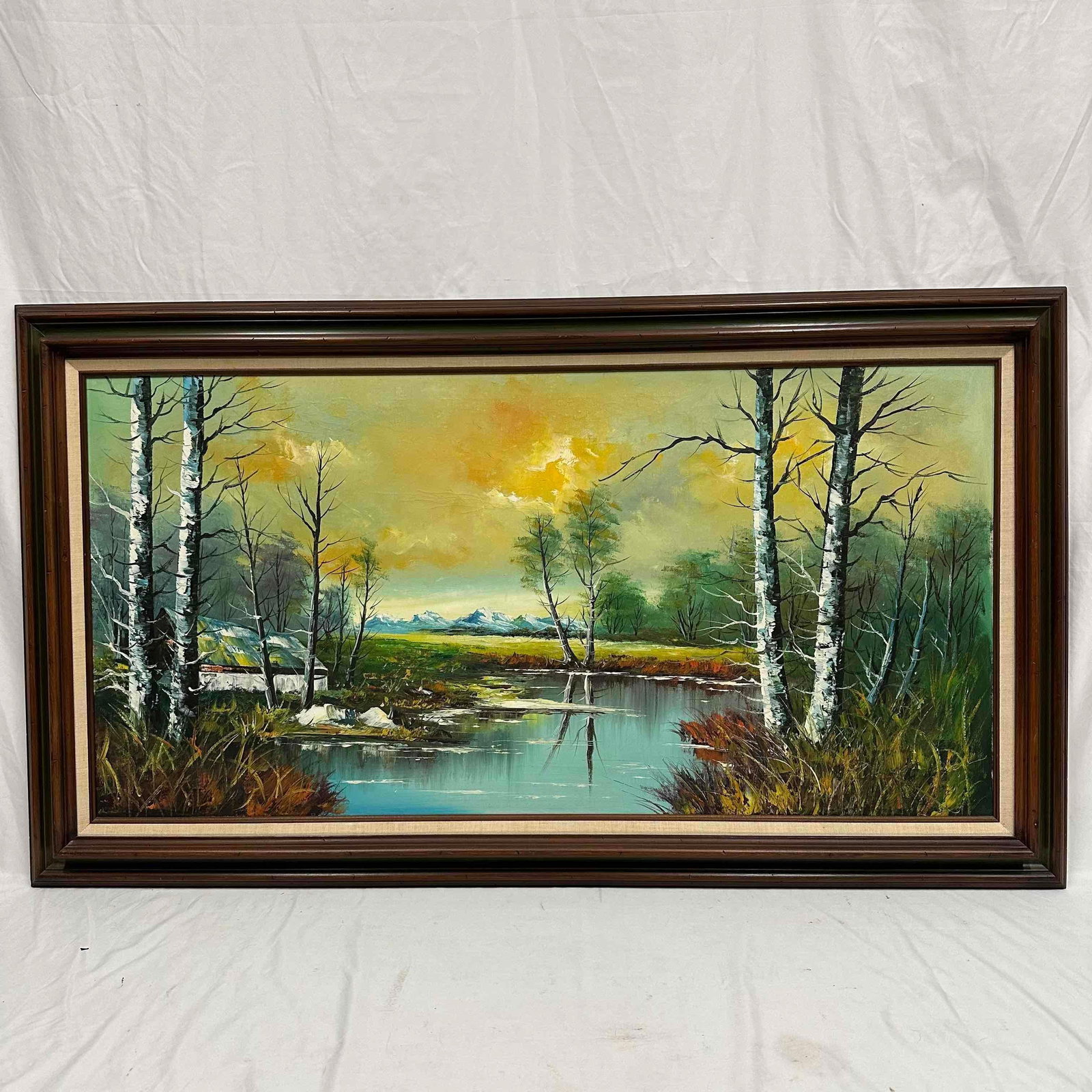 Tranquil Lakeside Scene Lake Reflection Scenery Large Framed Oil on Canvas J: Tranquil Lakeside Scene Lake Reflection Scenery Large Framed Oil on Canvas J. Unknown artist. This landscape painting depicts a serene lake surrounded by birch trees and other vegetation, set against 