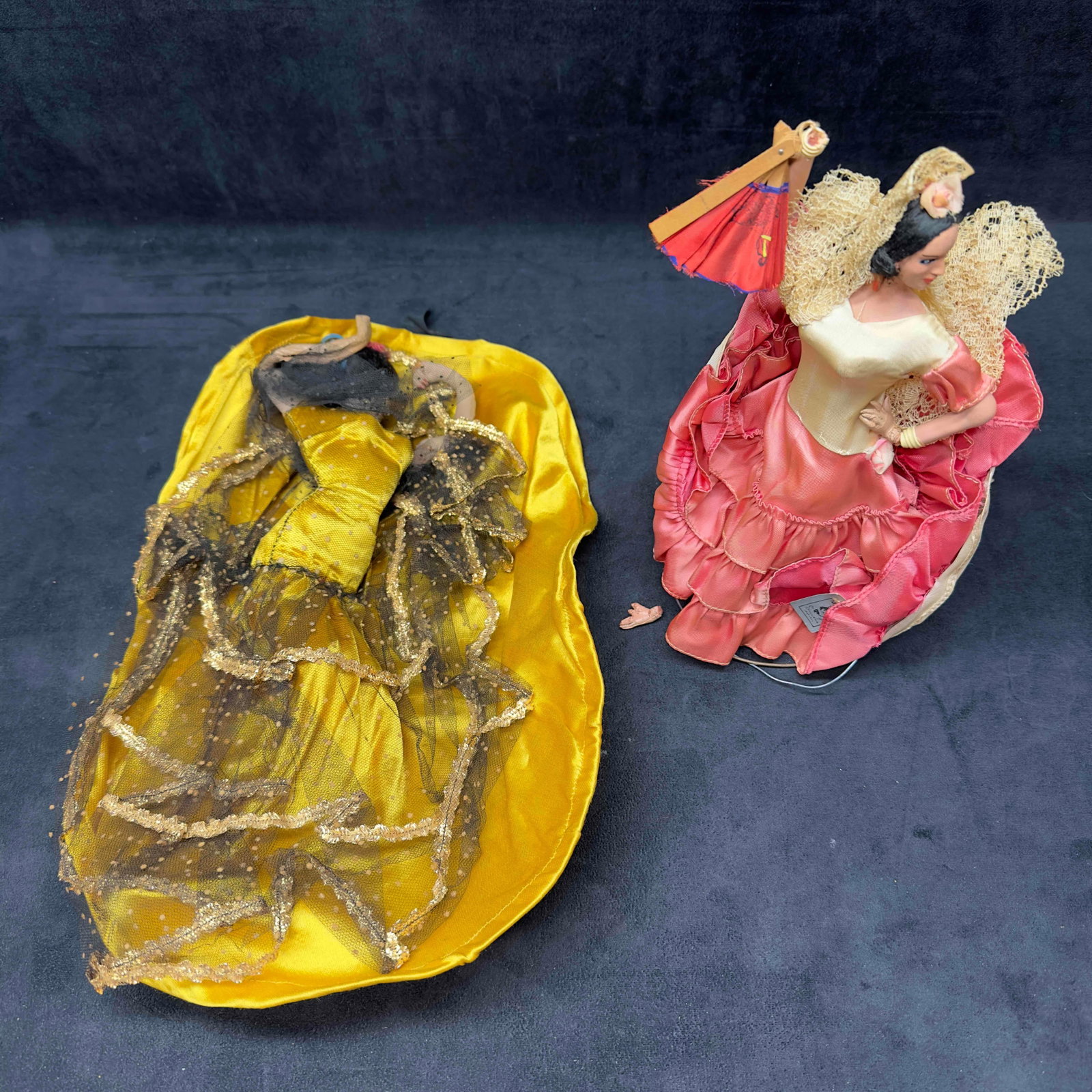 Marin Chiclana Doll Spain Flamenco Spanish Dancers Pink Yellow Dress Set Antique Dolls: Marin Chiclana Doll Spain Flamenco Spanish Dancers Pink Yellow Dress Set Antique Dolls. This doll set includes two dolls that are broken, shows sign of wear, and in need of repair. The pink dressed do