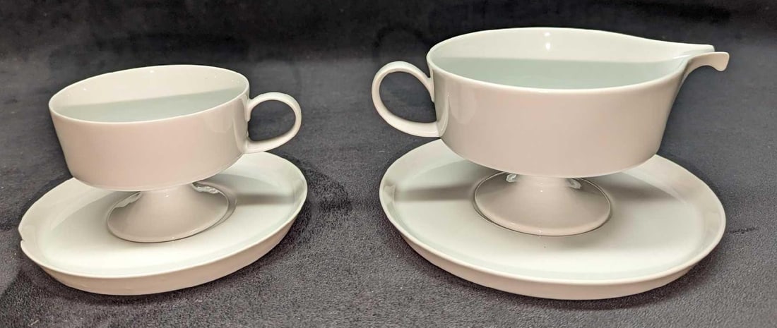 Rosenthal China Footed Cup Gravy Boat & Saucer Sets: Rosenthal China Footed Cup Gravy Boat & Saucer Sets. This is part of the now retired, "Composition White" series. Made in Germany. This lot contains: (1) Gravy Boat/Pitcher. This is