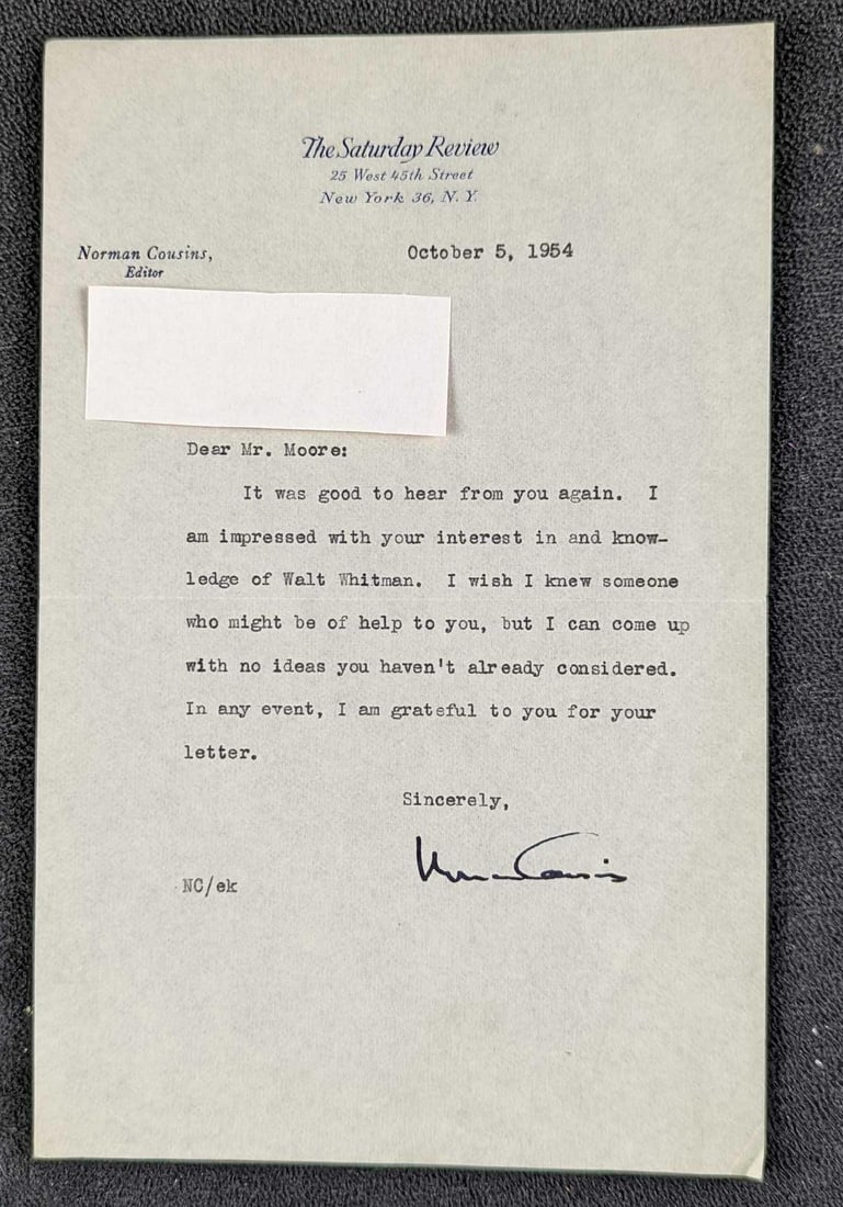 Signed Norman Cousins Saturday Review Letter: Signed Norman Cousins Saturday Review Letter. This was sent in 1954. The letter is approx 5 1/2" x 8 1/2" and it weighs 0.01lb. The letter has some creases due to being placed in an envelope.