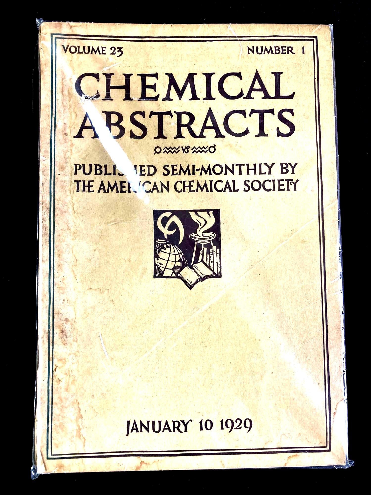 Chemical Abstracts Book January 10, 1929: Up for auction is a Chemical Abstracts book published semi-monthly by the American Chemical Society on January 10, 1929. Fresh from a recent estate. This auction includes: (1) Chemical