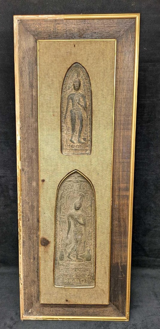 Vintage Framed Thai Buddhist Votive Plaques: Vintage Framed Thai Buddhist Votive Plaques. This is approx 12 1/2" x 1 1/2" x 32 1/4" and it weighs 0.40lb. Thai Buddhist Votive Plaques, Sukhothai style, cast in relief from a metal alloy of