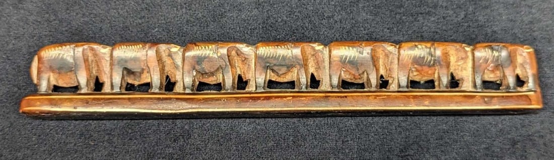 Hand Carved Wood Stone Elephant Train Figurine: Hand Carved Wood Stone Elephant Train Figurine. The maker and date of creation are unknown. Is approx 8 3/4" x 3/4" x 1 1/4" and it weighs 0.44lb. The figurine has some chips and some candle residue
